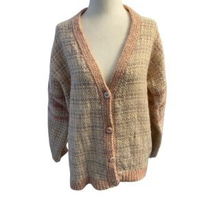 Frances Solar Handwoven Pink Speckled-Knit Wool And Silk Cardigan Sweater Size L